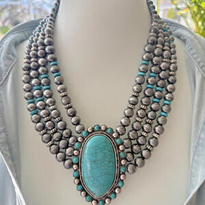 Western Cowgirl Boho Concho Turquoise Navajo Pearl Necklace Earring Statement